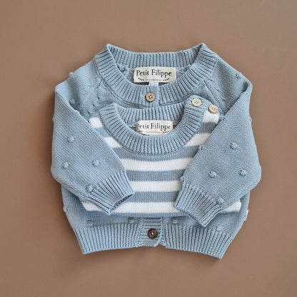 Striped Sweater - Short Sleeve - Cotton - Misty Blue & Ivory